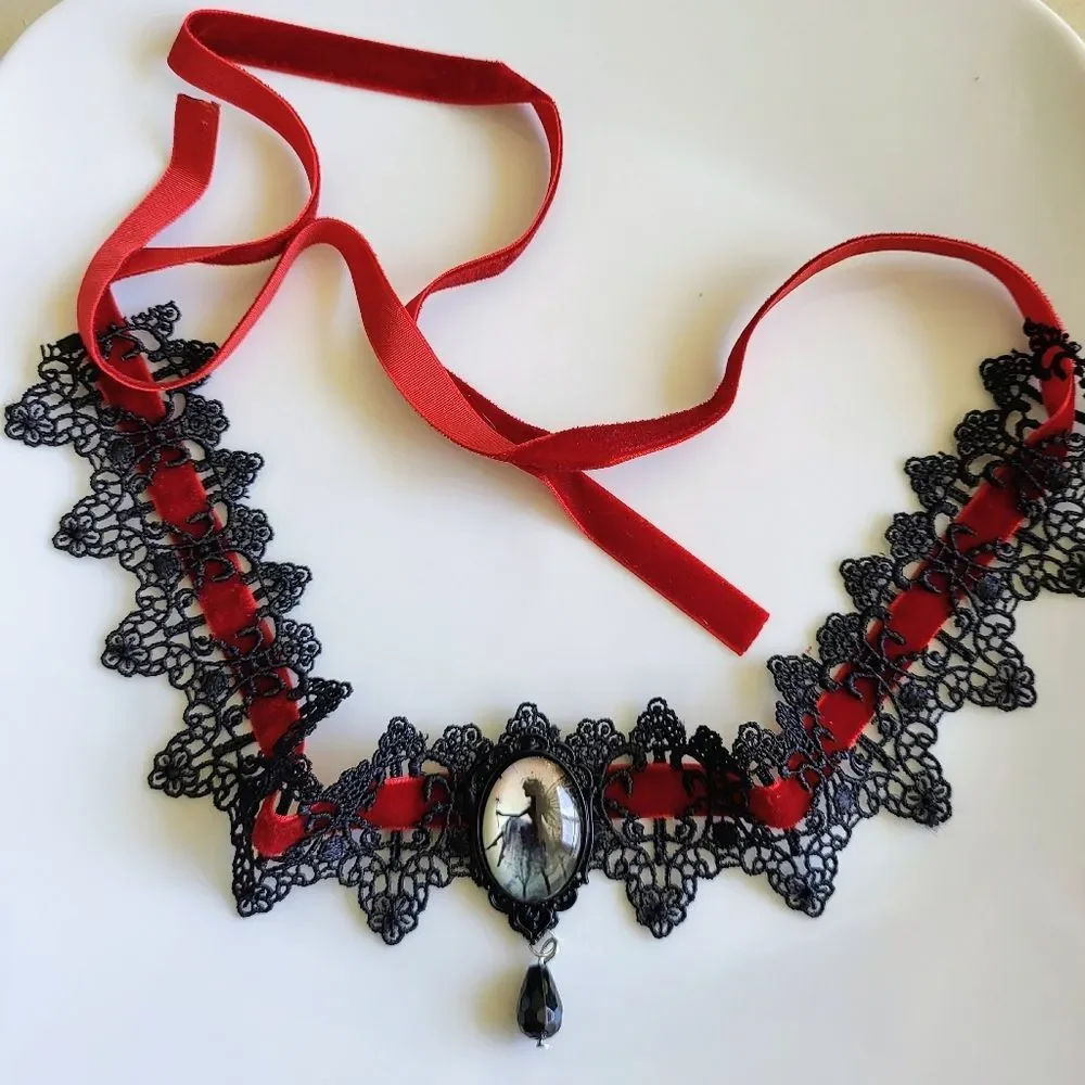 Gothic Fairy Cameo Lace Choker – Black Lace & Red Velvet Ribbon Necklace